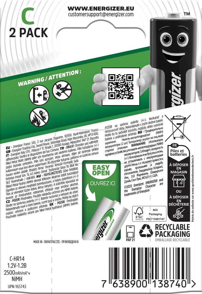 Batteri Laddb Energizer C 2/fp