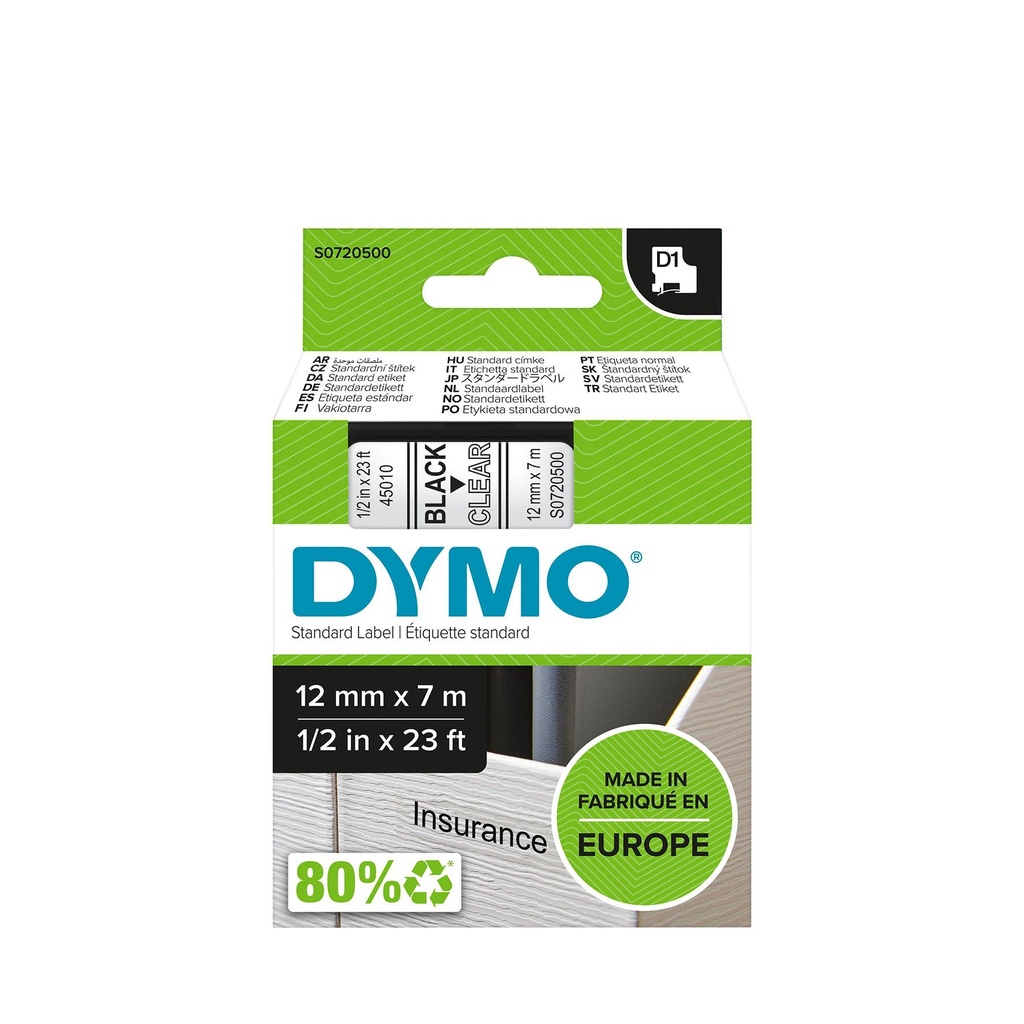 Märkband Dymo D1 svart/klar 12mm