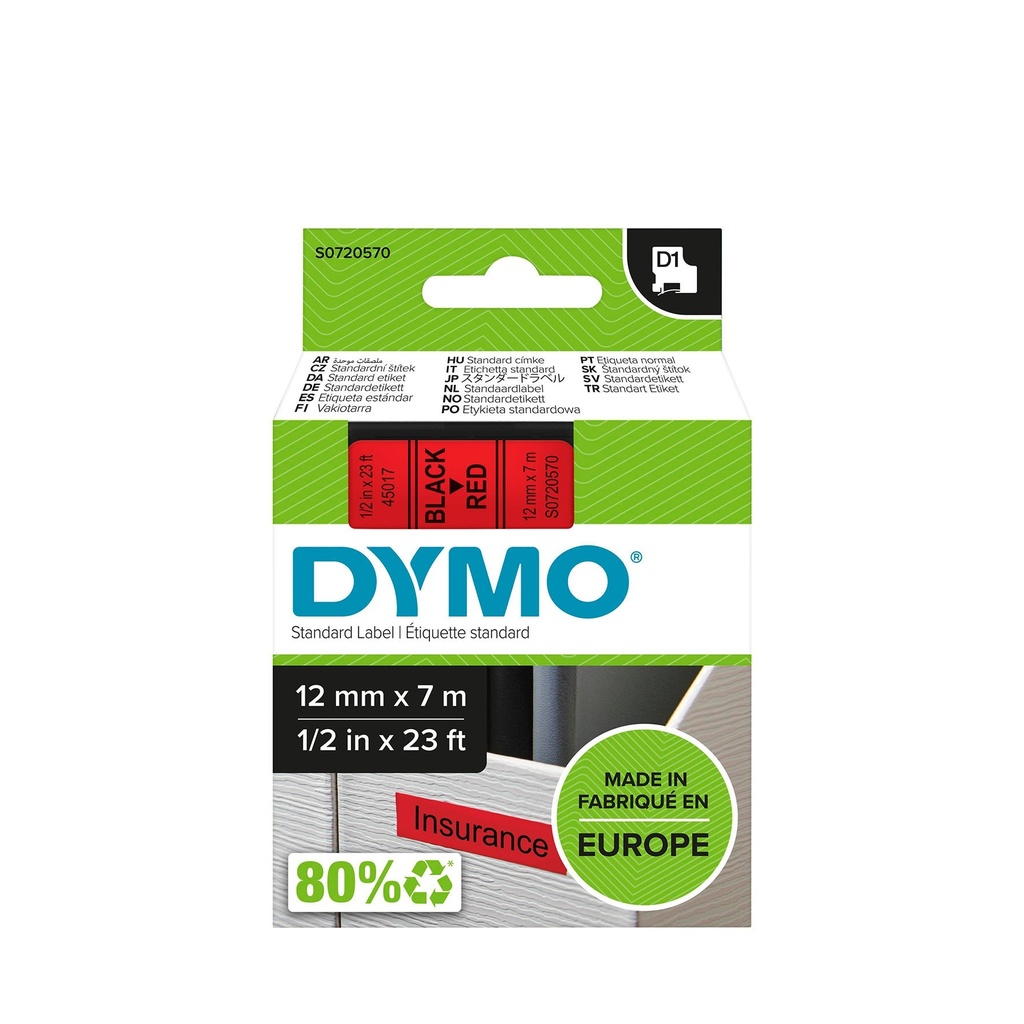 Märkband Dymo D1 svart/röd  12mm