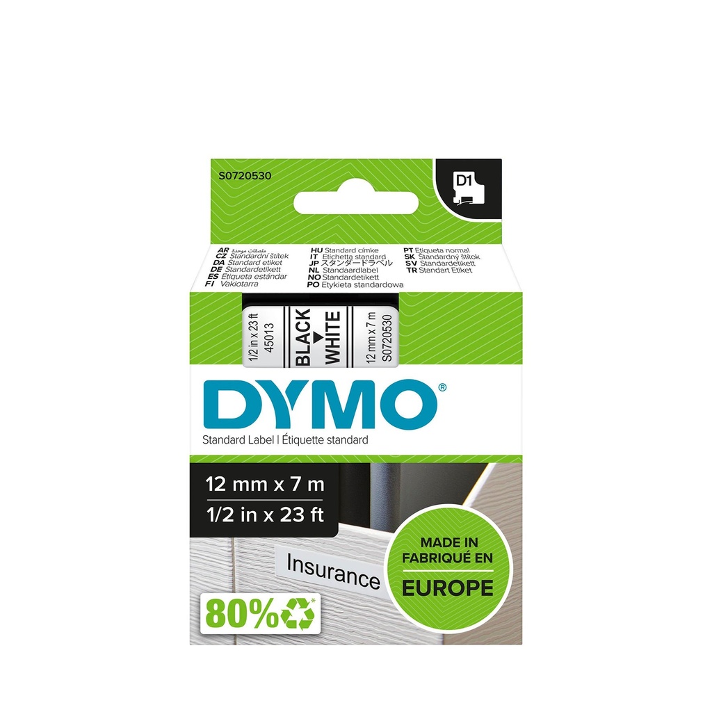Märkband Dymo D1 svart/vit  12mm