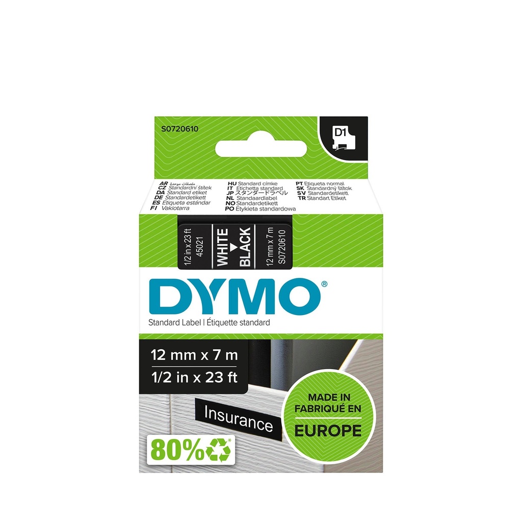 Märkband Dymo D1 vit/svart  12mm