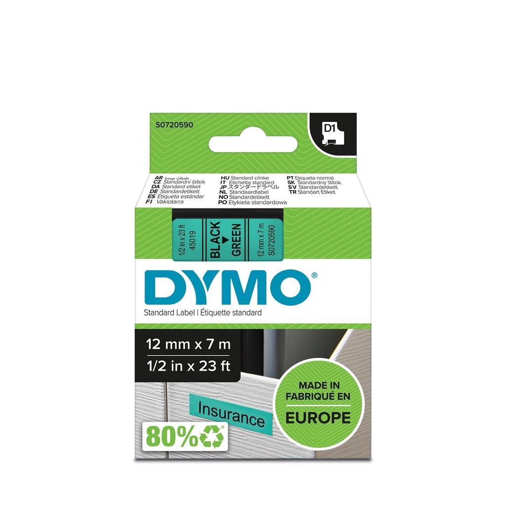 Märkband Dymo D1 svart/grön 12mm