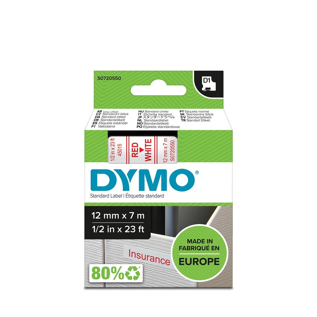Märkband Dymo D1 röd/vit  12mm