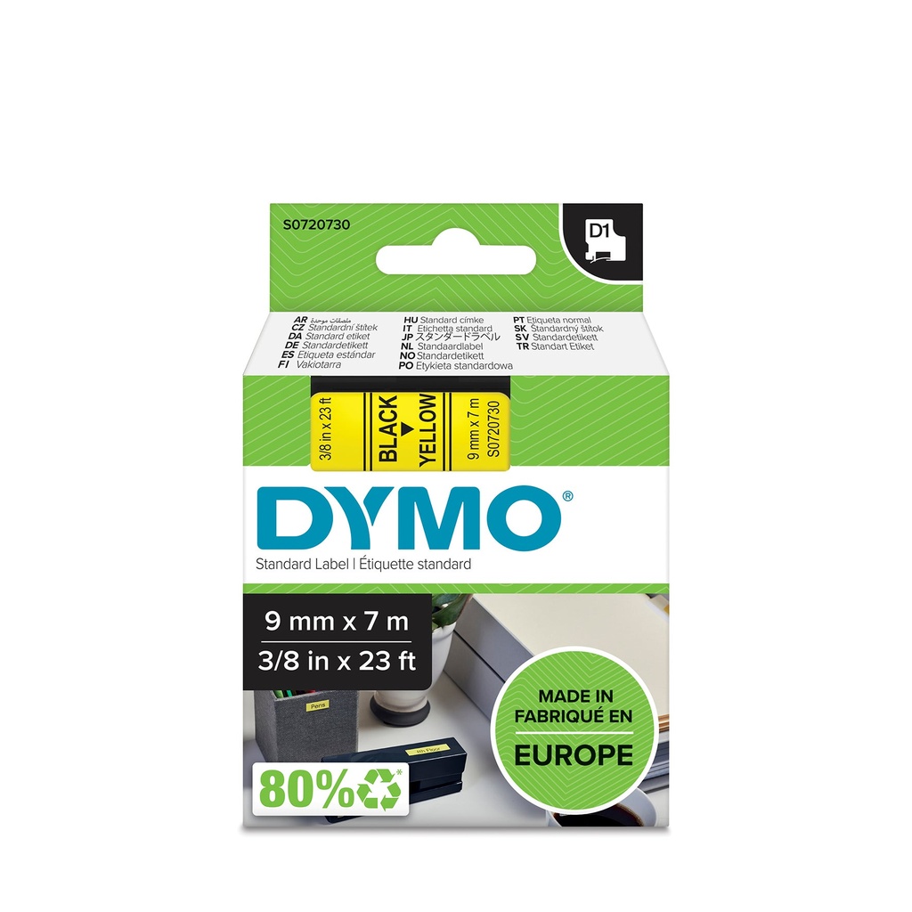Märkband Dymo D1 svart/gul   9mm