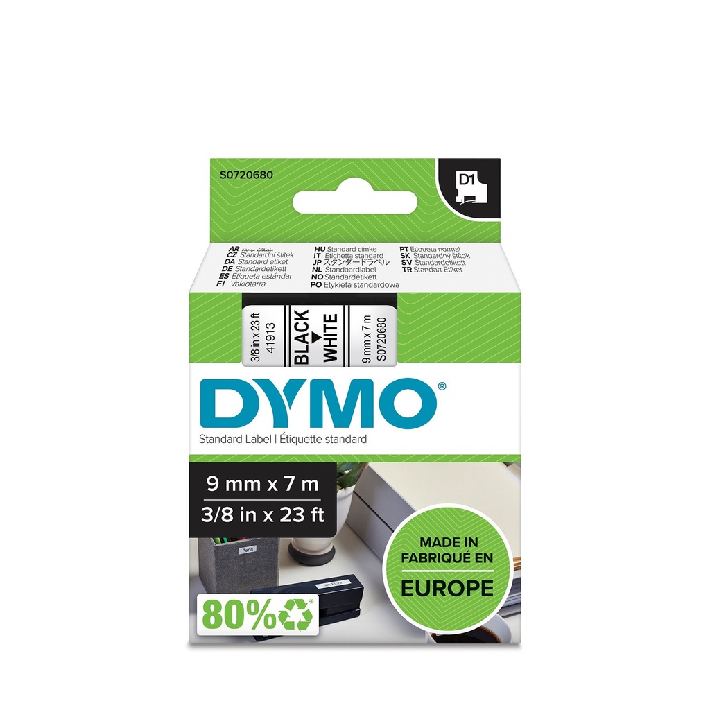 Märkband Dymo D1 svart/vit   9mm