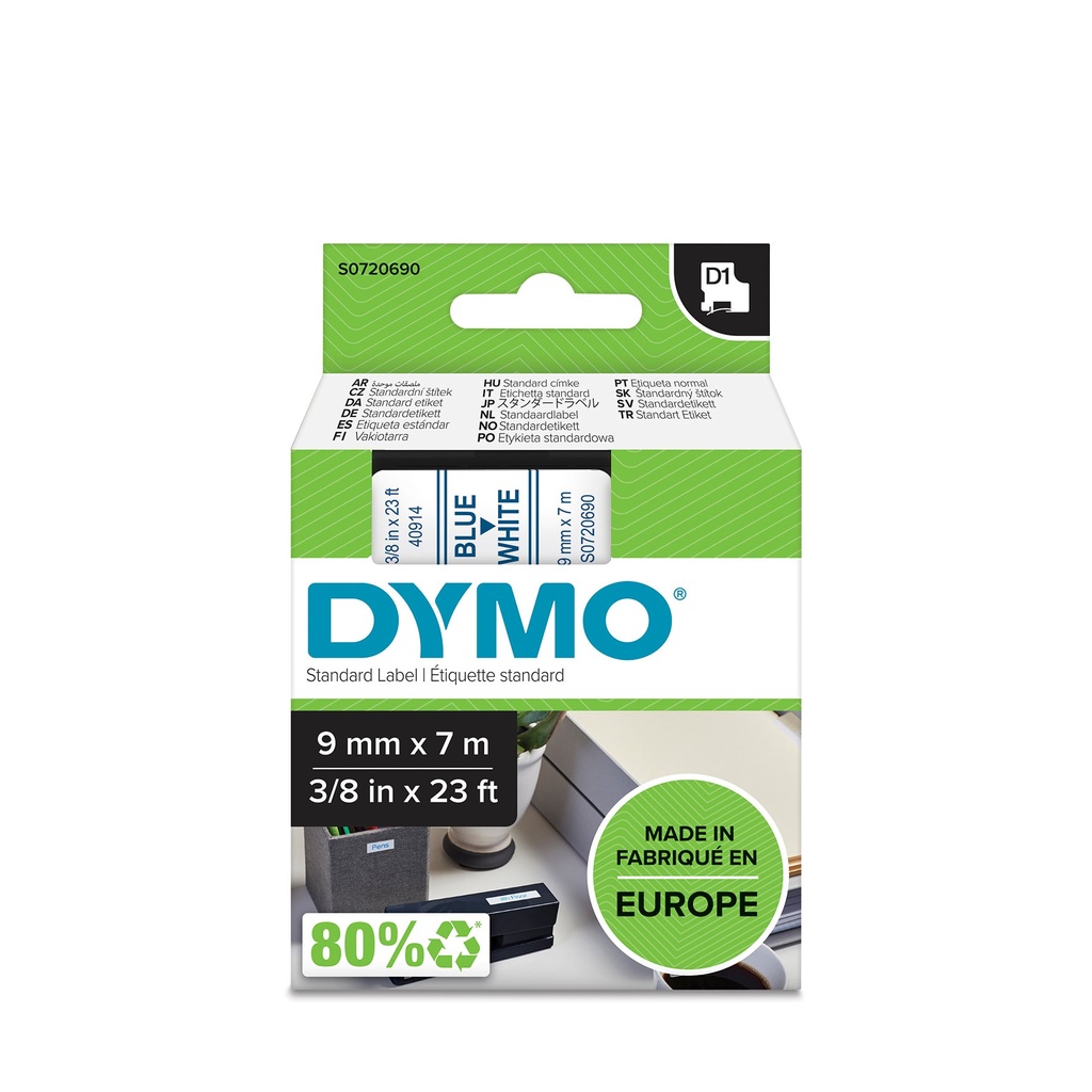 Märkband Dymo D1 blå/vit   9mm