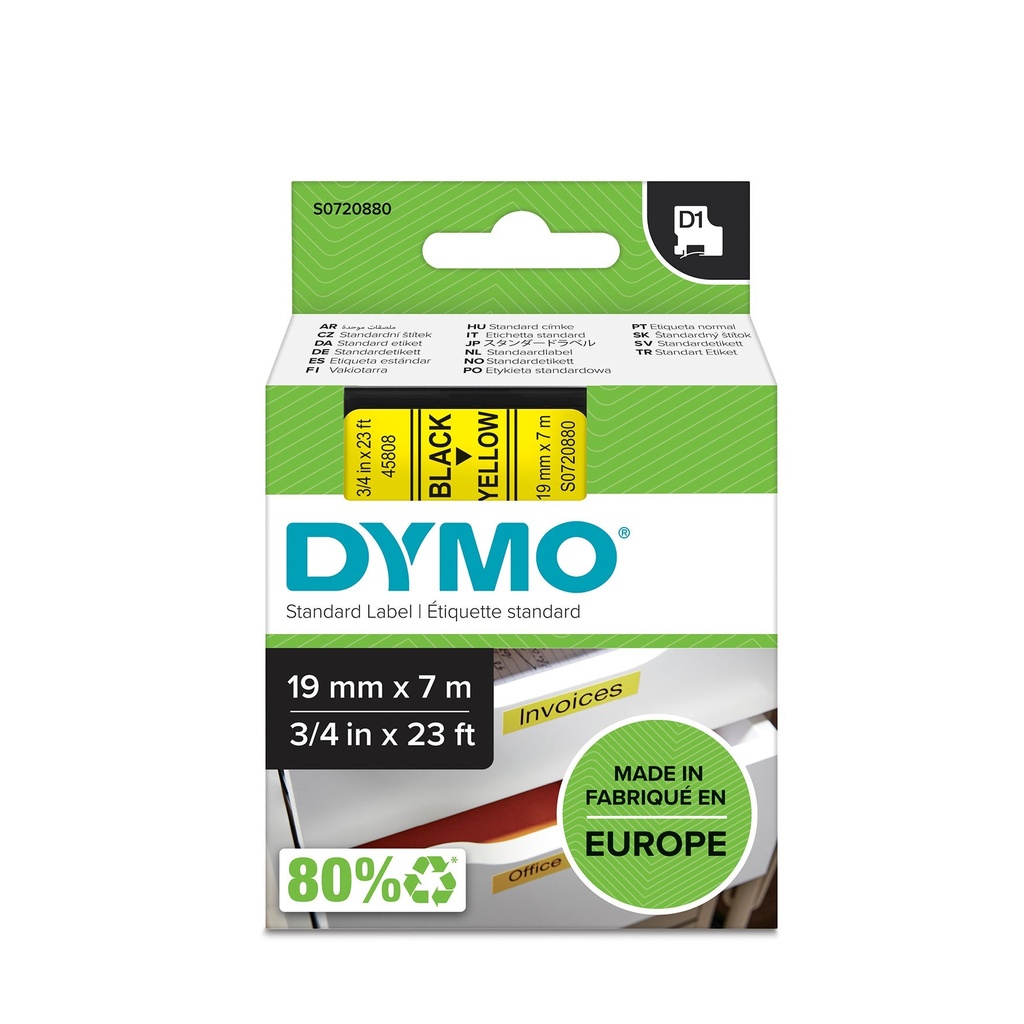 Märkband Dymo D1 svart/gul  19mm