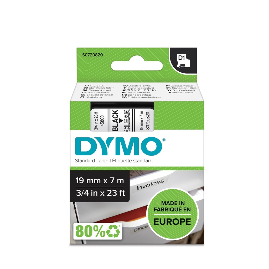 Märkband Dymo D1 svart/klar 19mm