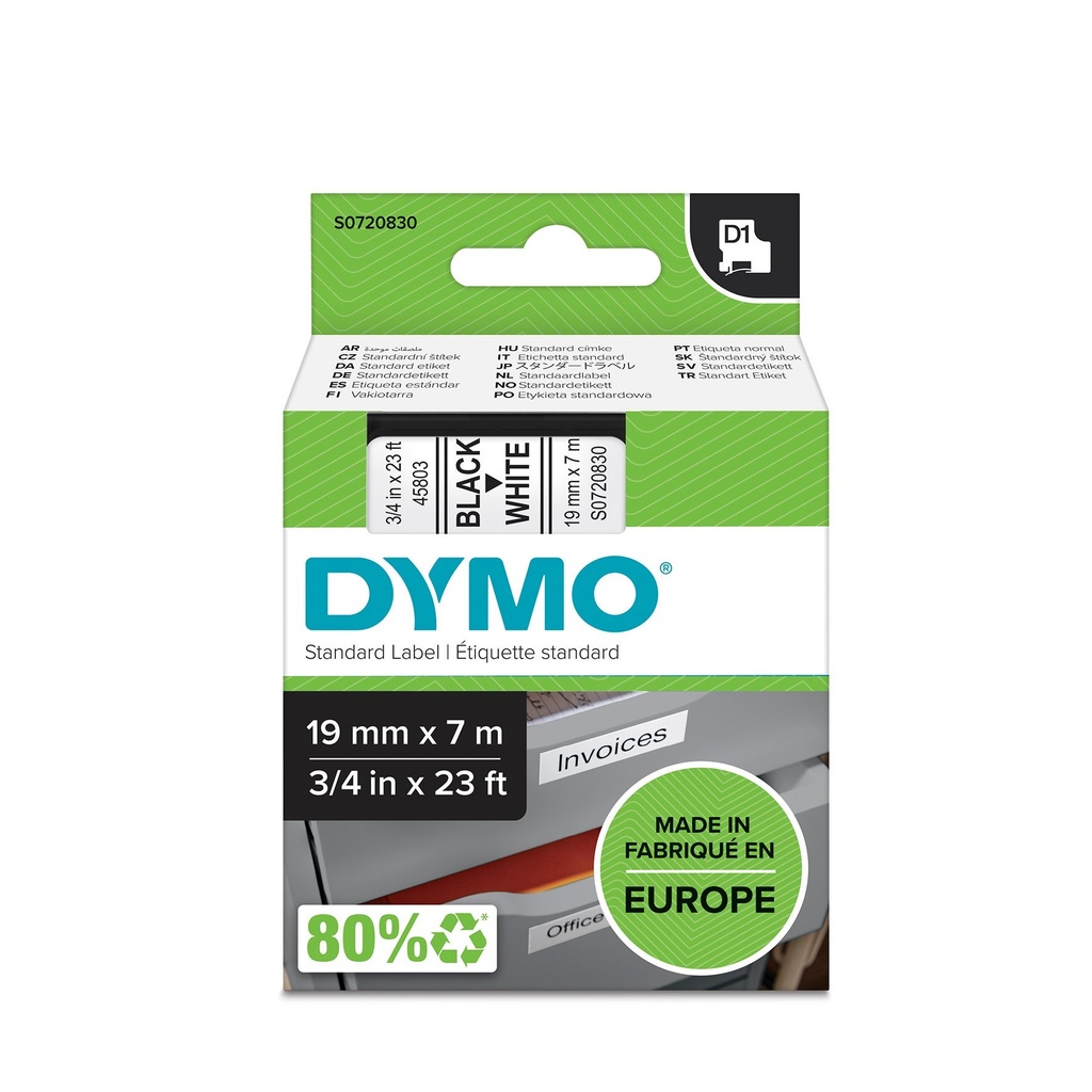 Märkband Dymo D1 svart/vit  19mm