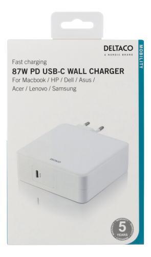 87 W USB-C nätadapter, PD, vit