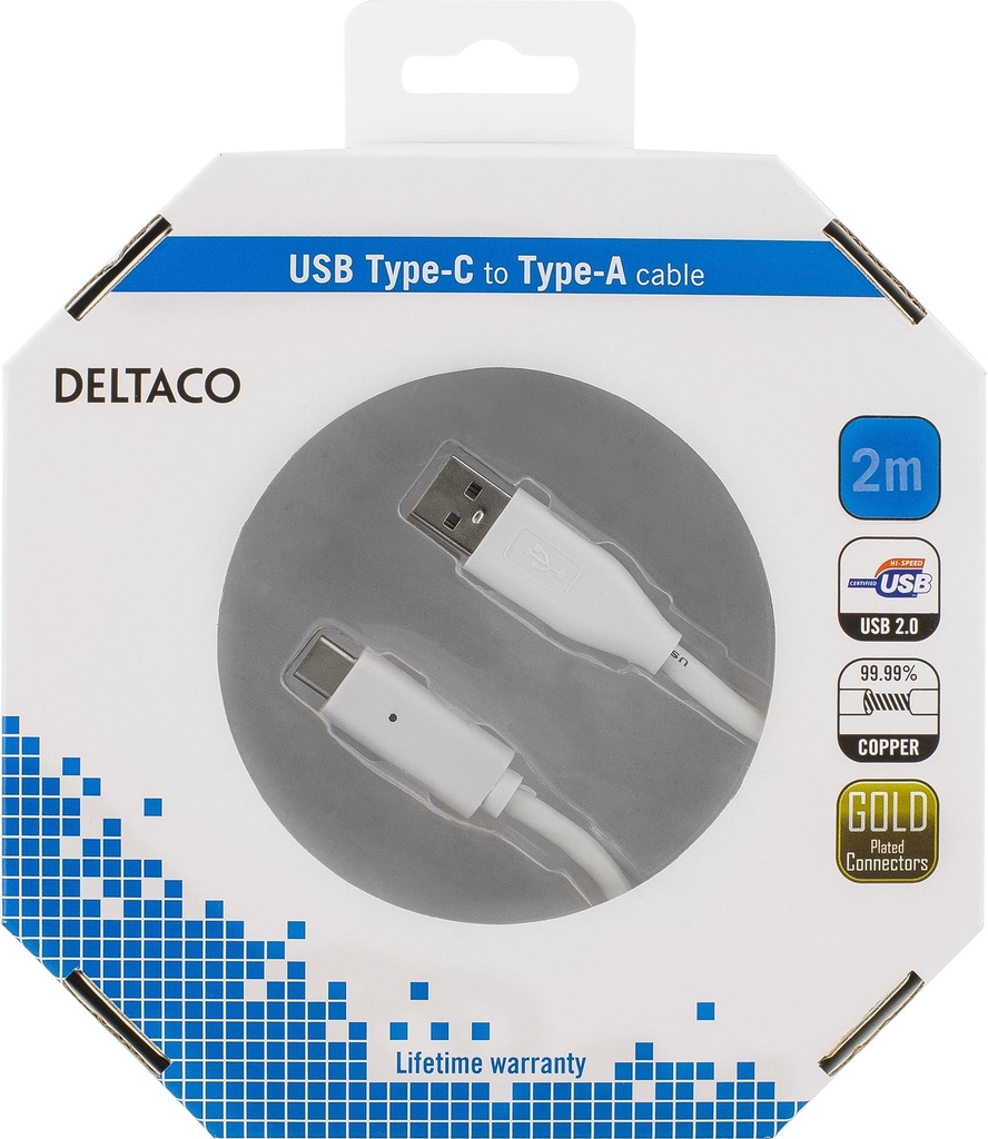 USB-C - A 2.0 Deltaco vit 2m