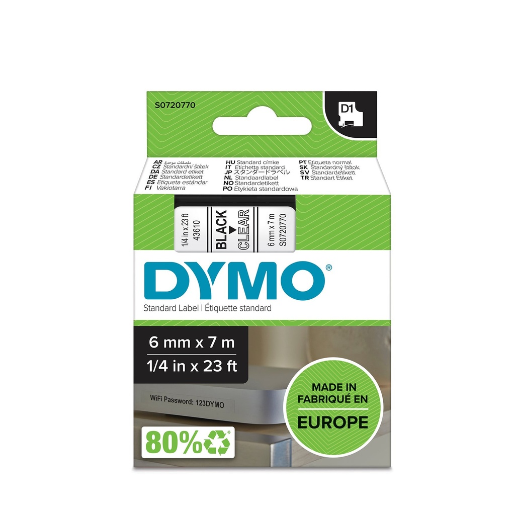 Märkband Dymo D1 svart/klar 6 mm