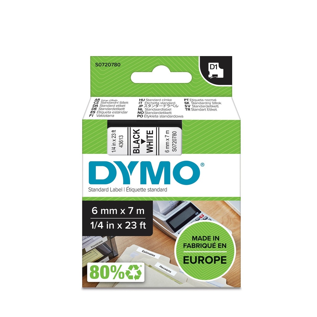 Märkband Dymo D1 svart/vit   6mm
