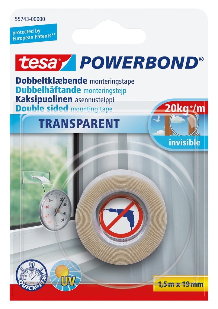 Monteringstejp dubbelhäftande 1,5 m x 19mm transparent