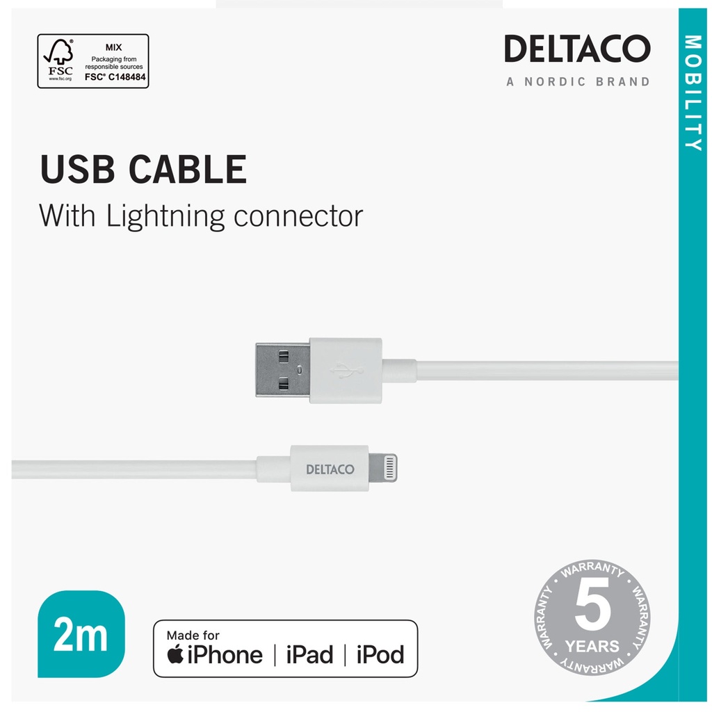 USB-A- Lightning kabel,2m vit