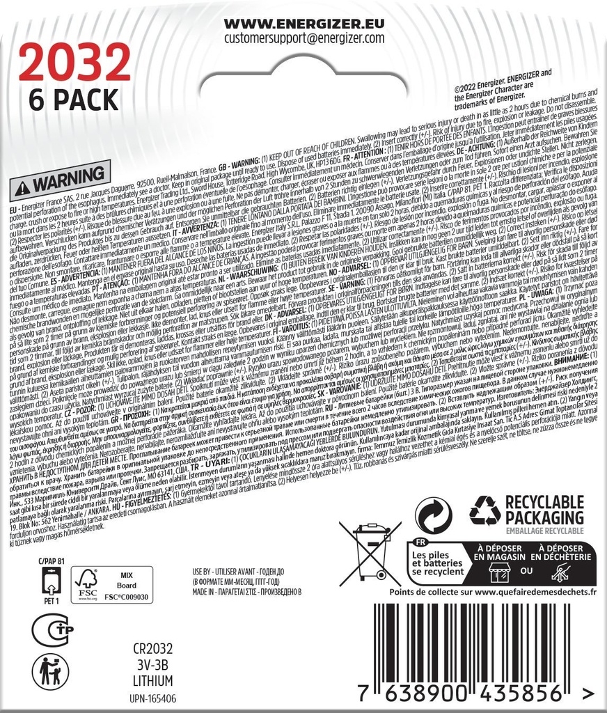 Batteri Lithium CR2032 6p