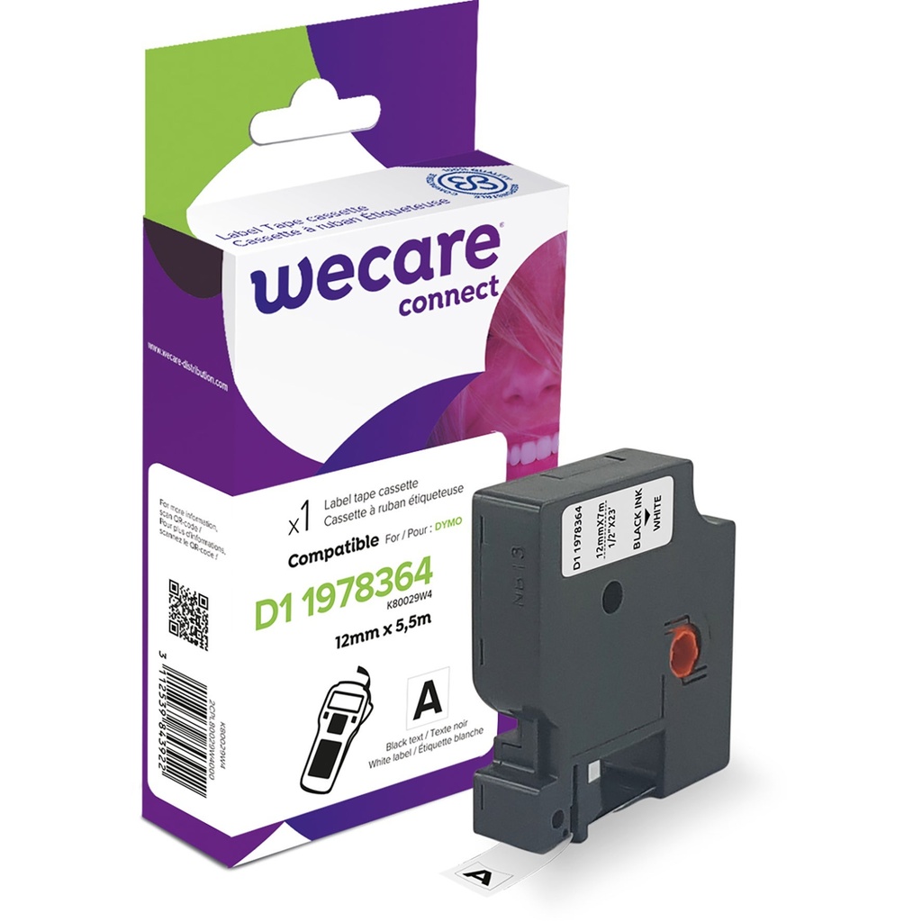 Märkband Wecare D1X svart/vit 12 mm 5,5 Meter