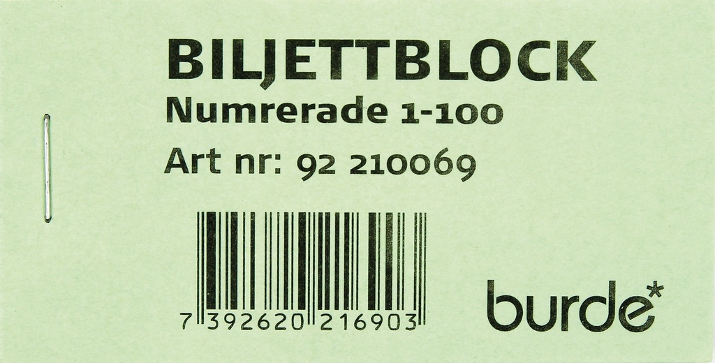 Biljettblock NR 1-100 Grön