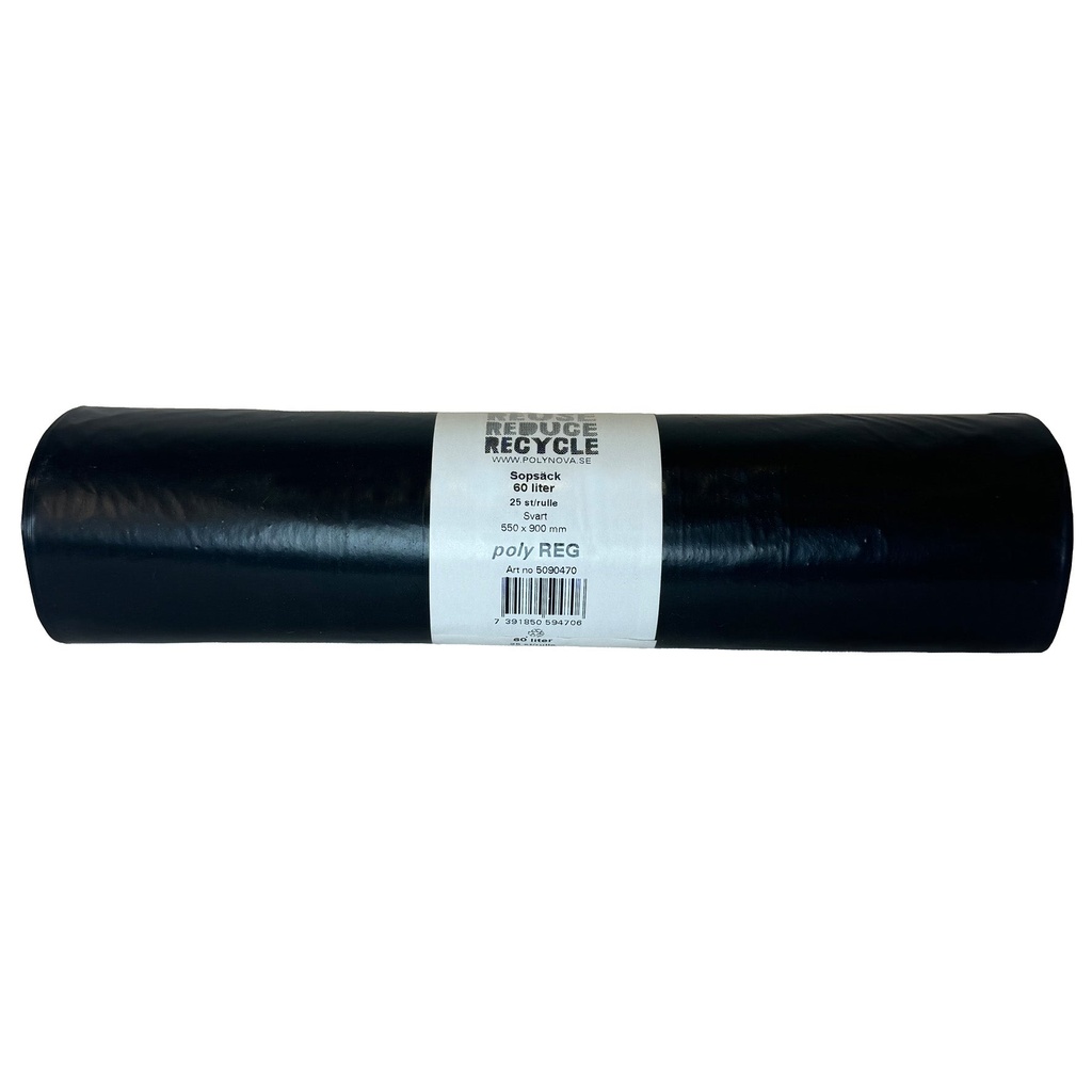Sopsäck PolyREG 60 liter svart 35 my 9x25 st