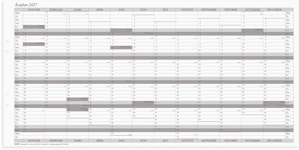 Väggkalender 2027 Årsplan 5/fp