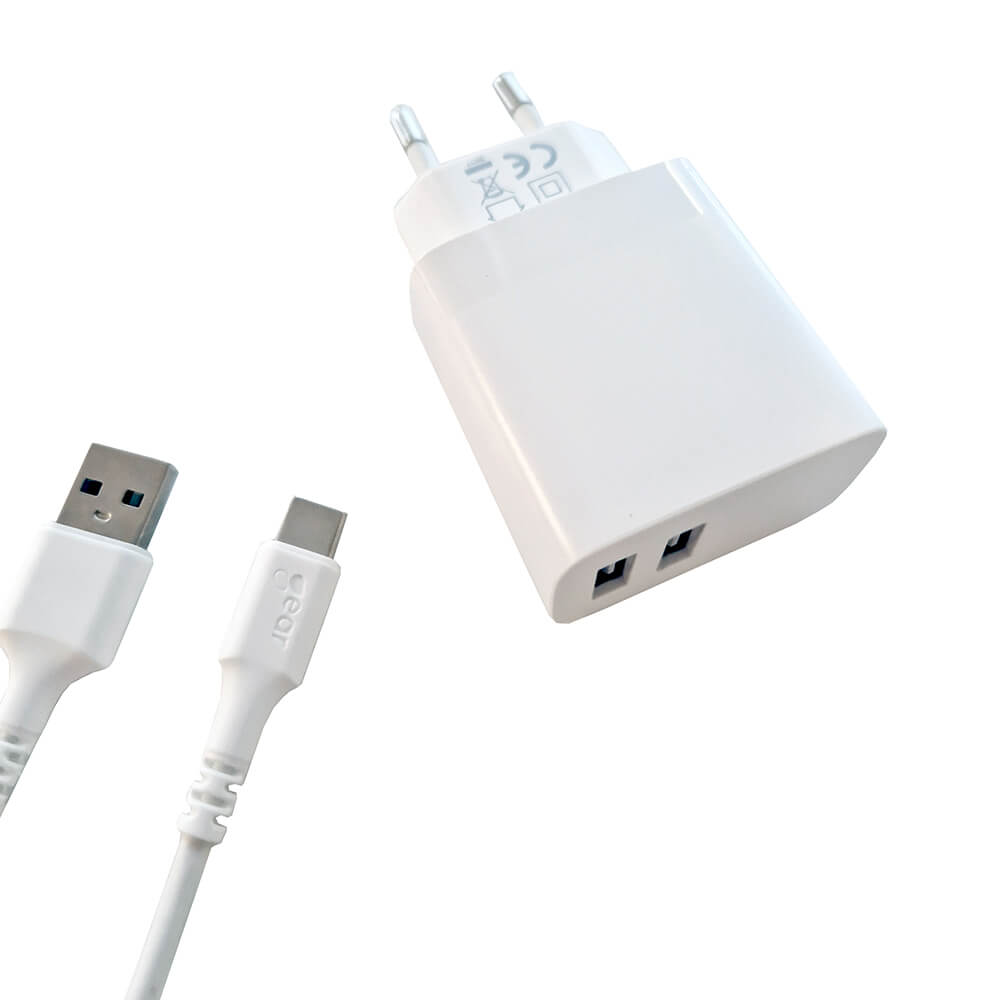 Laddare 220V 2xUSB 3.4A kabel USB-C 2.0 1 m vit