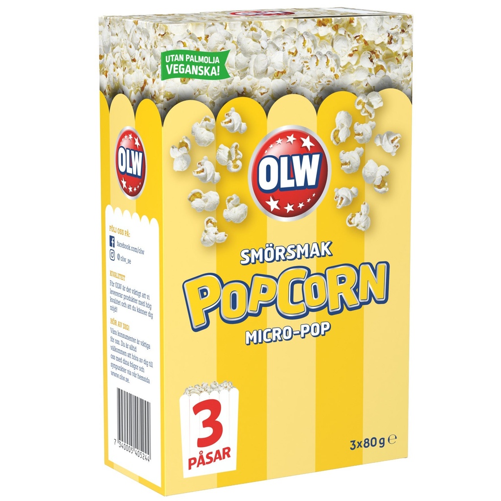 Popcorn OLW Micro-pop 3-pack Smörsmak 14x80 g