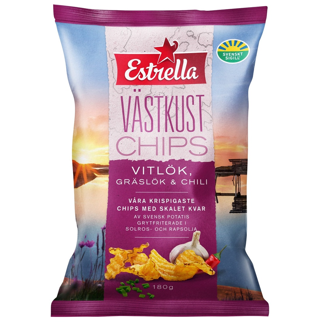 Västkustchips Estrella Vitlök, gräslök & chili 10x180 g